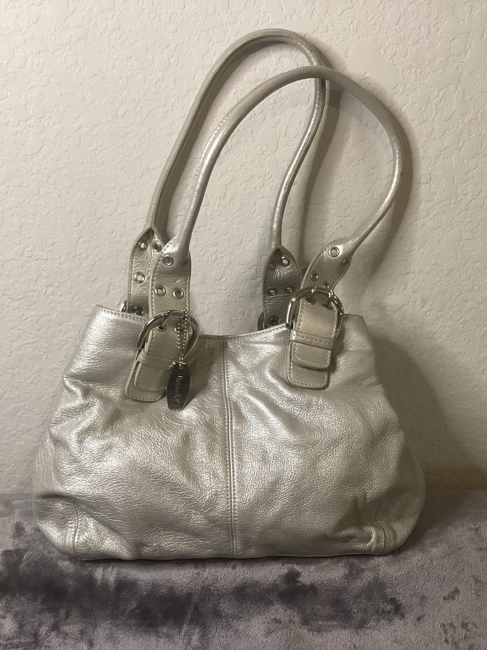 Tignanello Silver Metallic Leather Shoulder Bag